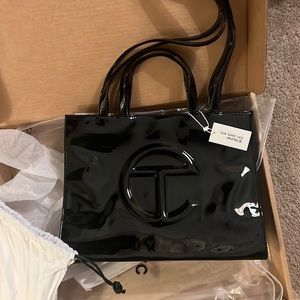 NWT black patent leather TELFAR medium shopping bag
